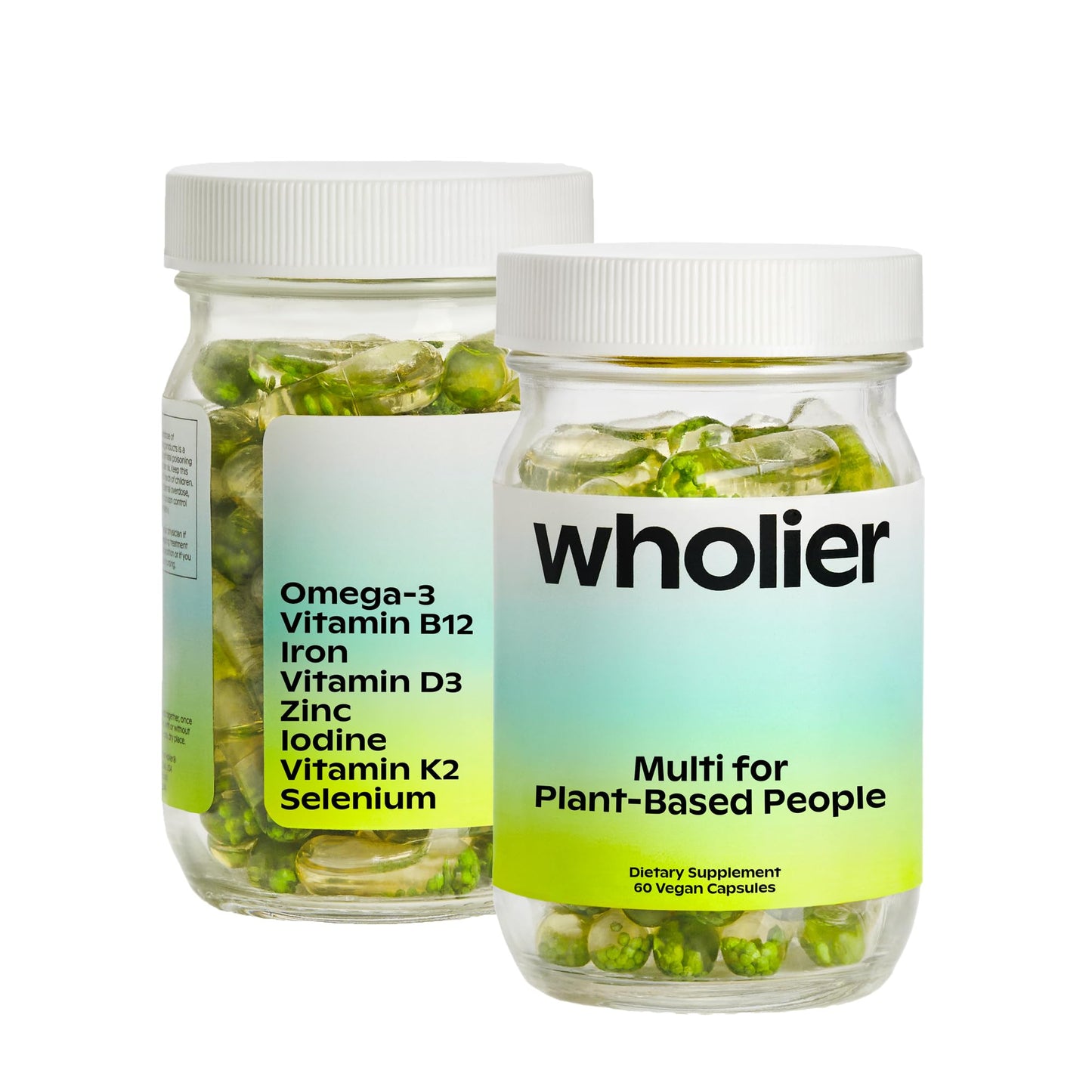 Wholier Plant Based Multivitamin – Vegan Omega-3 DHA/EPA, D3, B12, Zinc, K2, Iron, Iodine, Selenium | 60 Count Glass Bottle