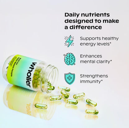 Wholier Plant Based Multivitamin – Vegan Omega-3 DHA/EPA, D3, B12, Zinc, K2, Iron, Iodine, Selenium | 60 Count Glass Bottle