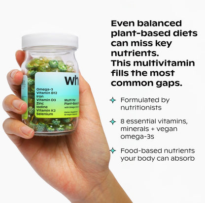 Wholier Plant Based Multivitamin – Vegan Omega-3 DHA/EPA, D3, B12, Zinc, K2, Iron, Iodine, Selenium | 60 Count Glass Bottle