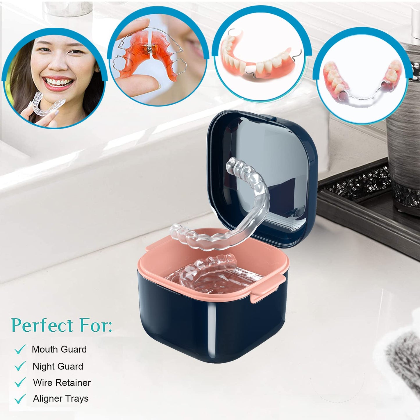 Whoobell Denture Cup & Retainer Case – Travel Mouth Guard Box (Blue)