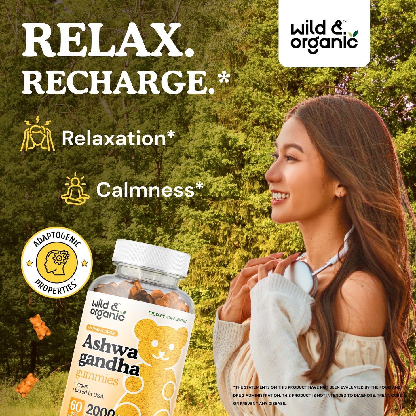Wild & Organic Ashwagandha Gummies 2000mg – Mood Support Supplement (Pack of 2, 60 Vegan Chews)