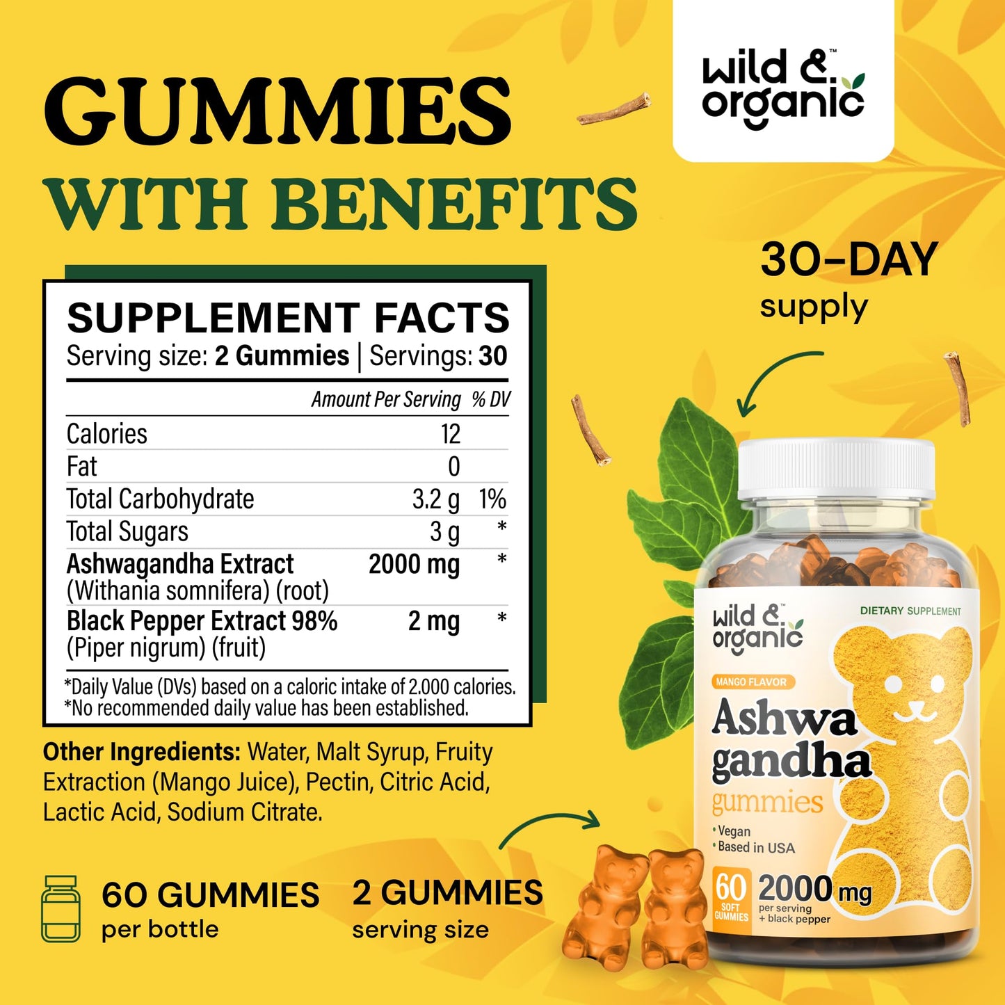 Wild & Organic Ashwagandha Gummies 2000mg – Mood Support Supplement (Pack of 2, 60 Vegan Chews)