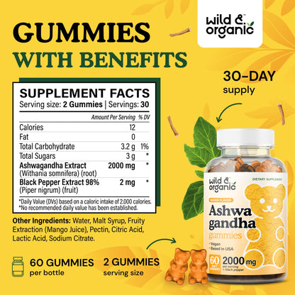 Wild & Organic Ashwagandha Gummies 2000mg – Mood Support Supplement (Pack of 2, 60 Vegan Chews)