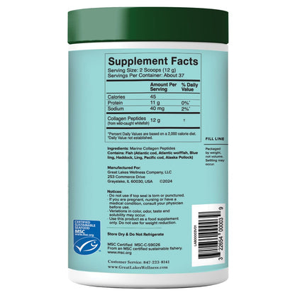 Great Lakes Wellness Marine Collagen Peptides Powder – Unflavored, 16 oz (Wild-Caught, MSC Certified)