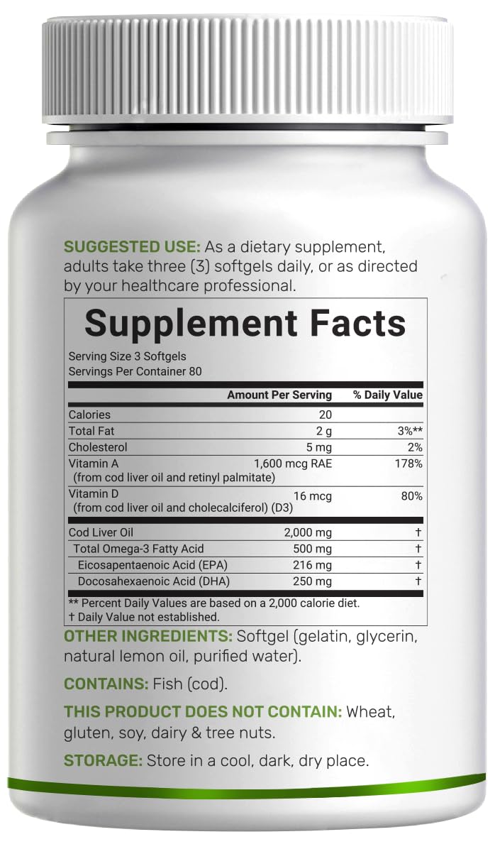 Wild Caught Cod Liver Oil 2,000mg | 240 Softgels | Burpless Lemon Flavor