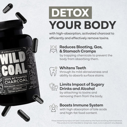 Wild Foods Activated Charcoal Capsules | 100% Organic Coconut Shells | USA Made & Lab Tested Detox Pills (Three Bottles - 120 Capsules)