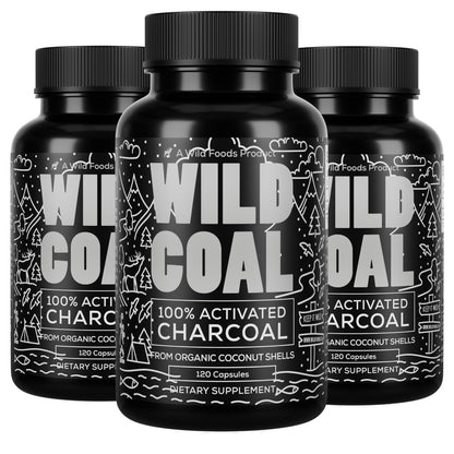 Wild Foods Activated Charcoal Capsules | 100% Organic Coconut Shells | USA Made & Lab Tested Detox Pills (Three Bottles - 120 Capsules)