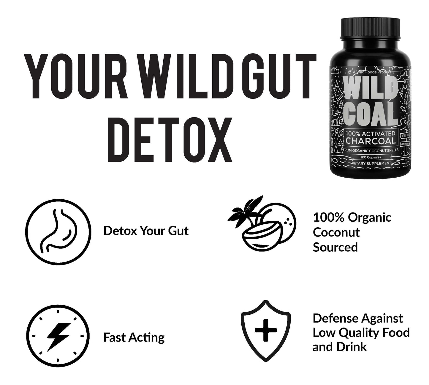 Wild Foods Activated Charcoal Capsules | 100% Organic Coconut Shells | USA Made & Lab Tested Detox Pills (Three Bottles - 120 Capsules)