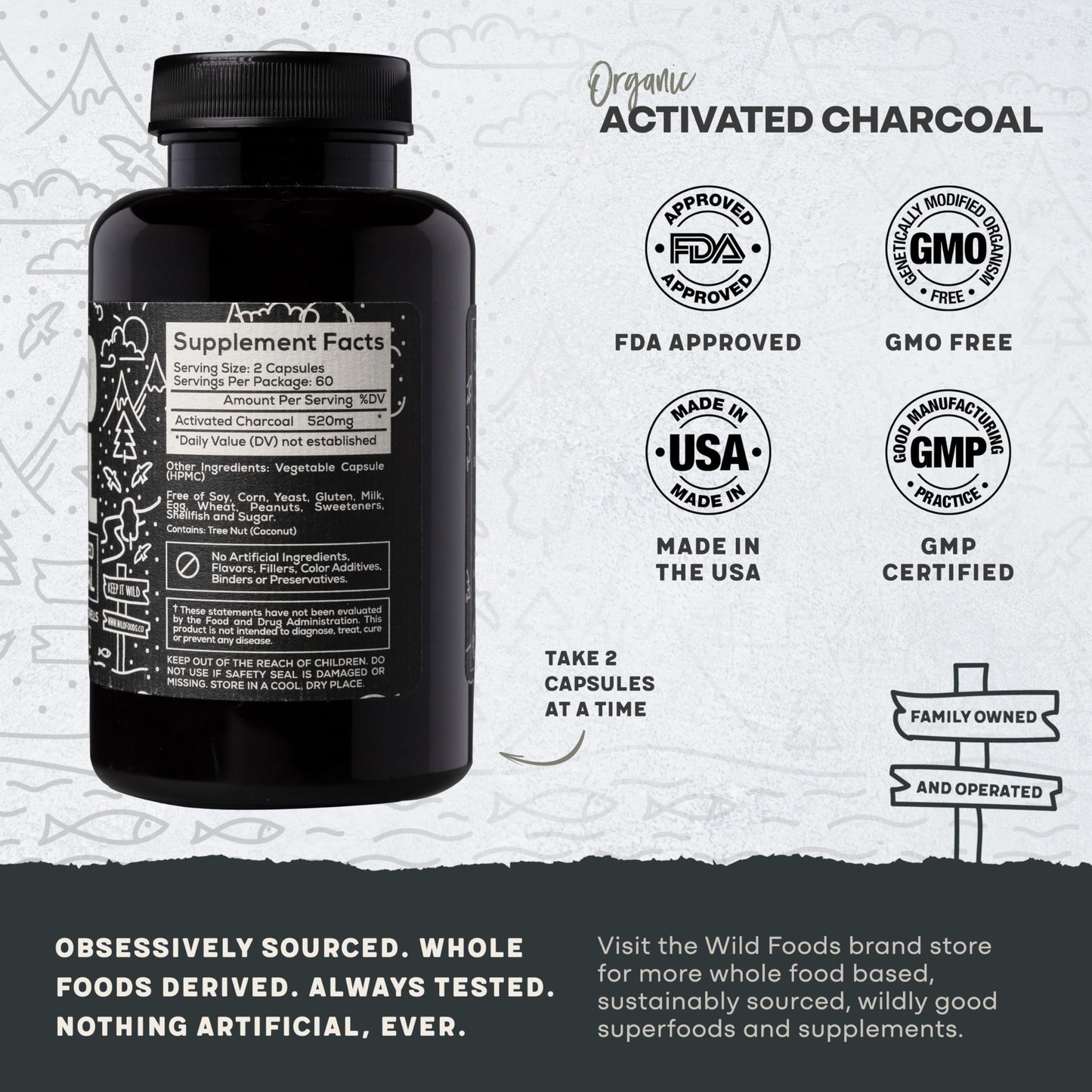Wild Foods Activated Charcoal Capsules | 100% Organic Coconut Shells | USA Made & Lab Tested Detox Pills (Three Bottles - 120 Capsules)