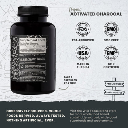 Wild Foods Activated Charcoal Capsules | 100% Organic Coconut Shells | USA Made & Lab Tested Detox Pills (Three Bottles - 120 Capsules)
