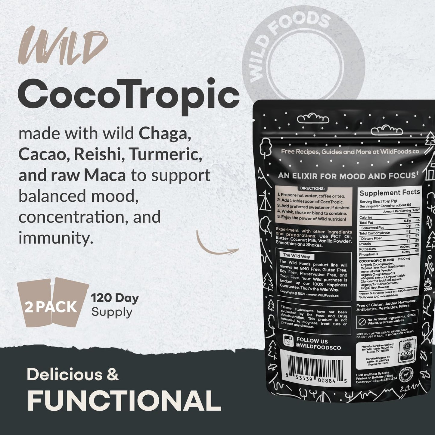 Wild Cocotropic Organic Mushroom Cocoa Mix - Sugar Free, Keto & Paleo (2x16oz)