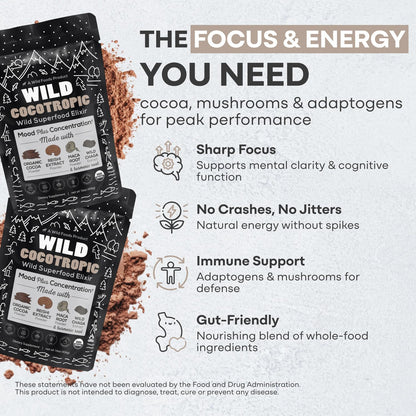 Wild Cocotropic Organic Mushroom Cocoa Mix - Sugar Free, Keto & Paleo (2x16oz)