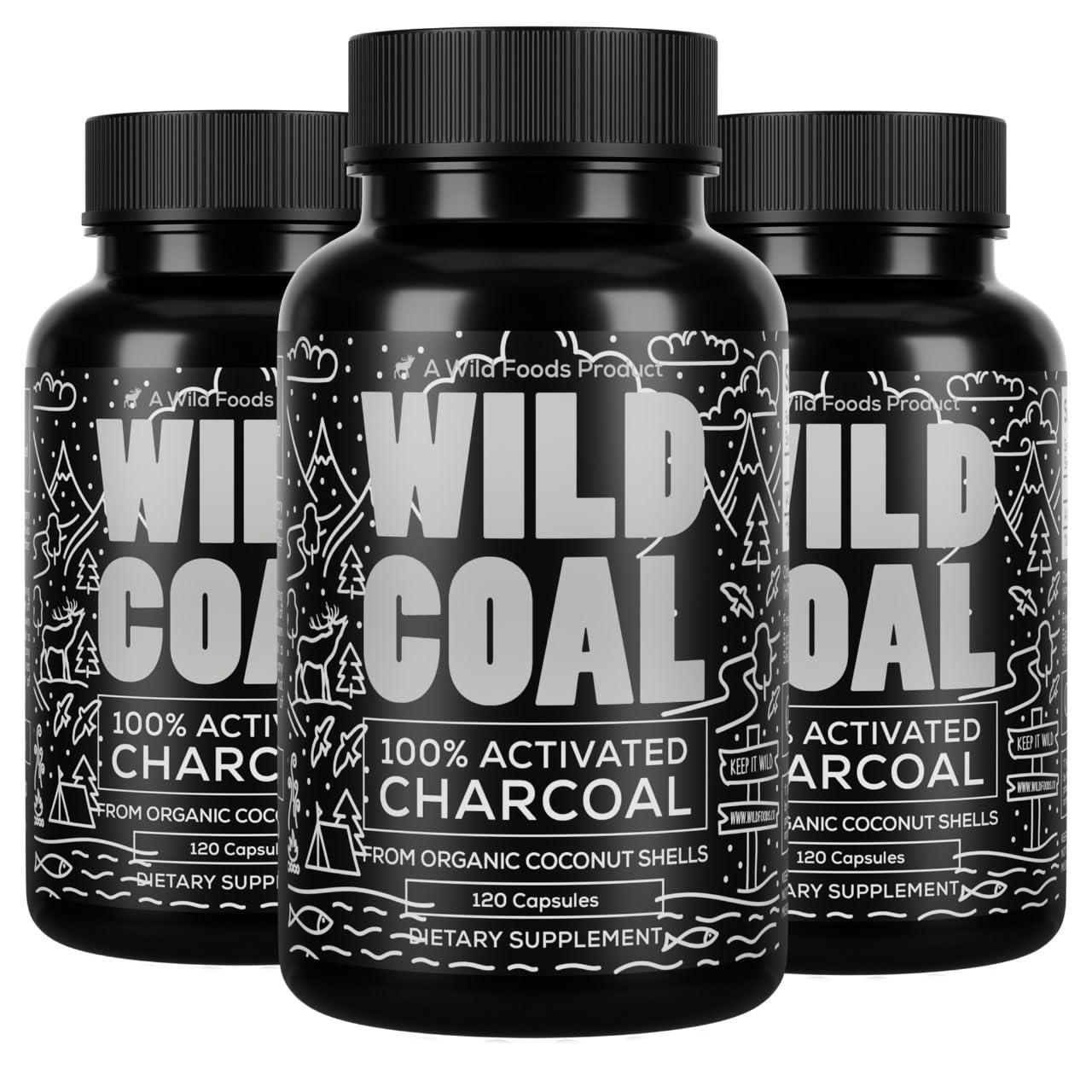 Wild Foods Activated Charcoal Capsules | 100% Organic Coconut Shells | USA Made & Lab Tested Detox Pills (Three Bottles - 120 Capsules)