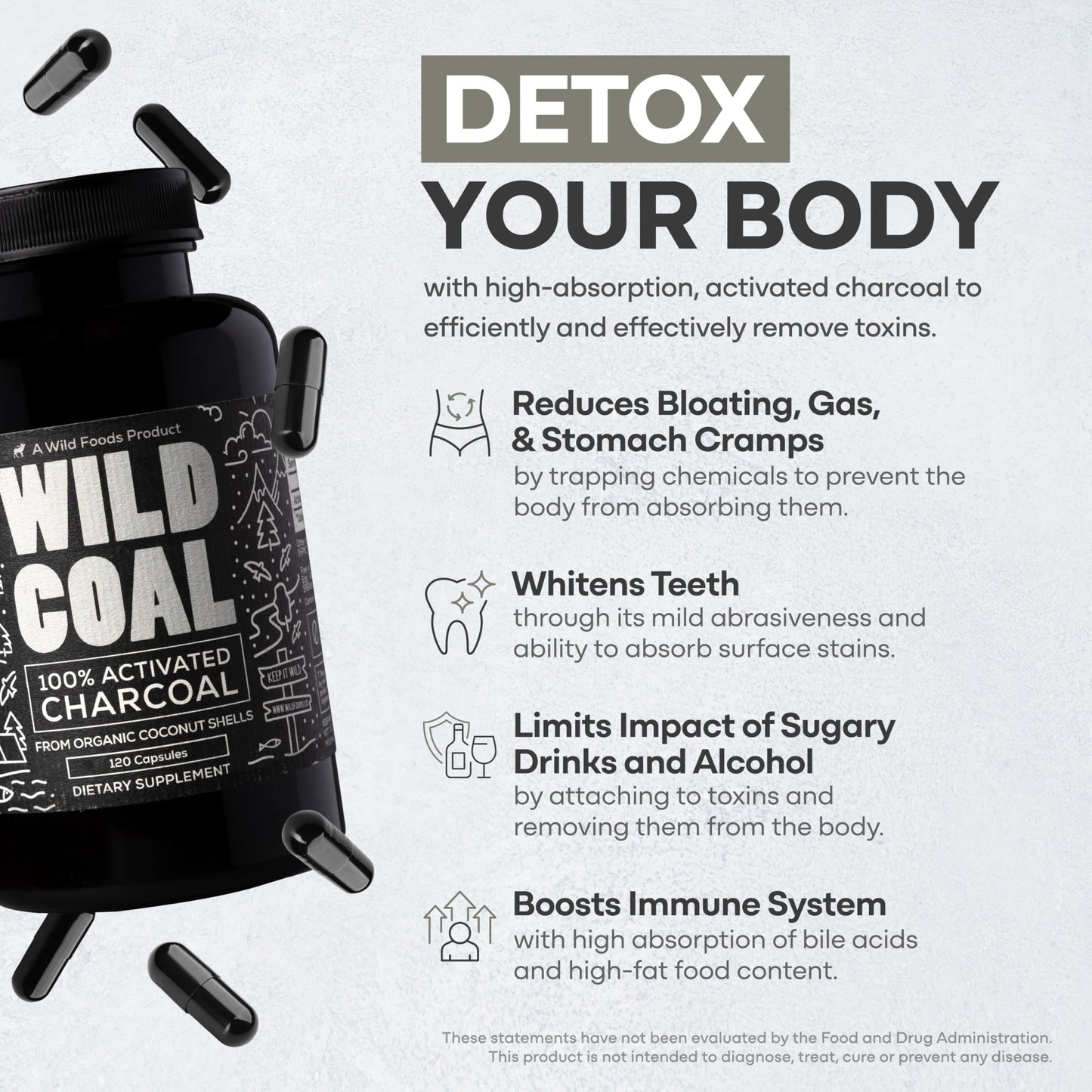 Wild Foods Activated Charcoal Capsules | 100% Organic Coconut Shells | USA Made & Lab Tested Detox Pills (Three Bottles - 120 Capsules)
