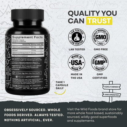 Wild Foods Vitamin D3 5000 IU + K2 MK-7 with Black Pepper - Plant-Based, Non-GMO, 60 Capsules | Made in USA