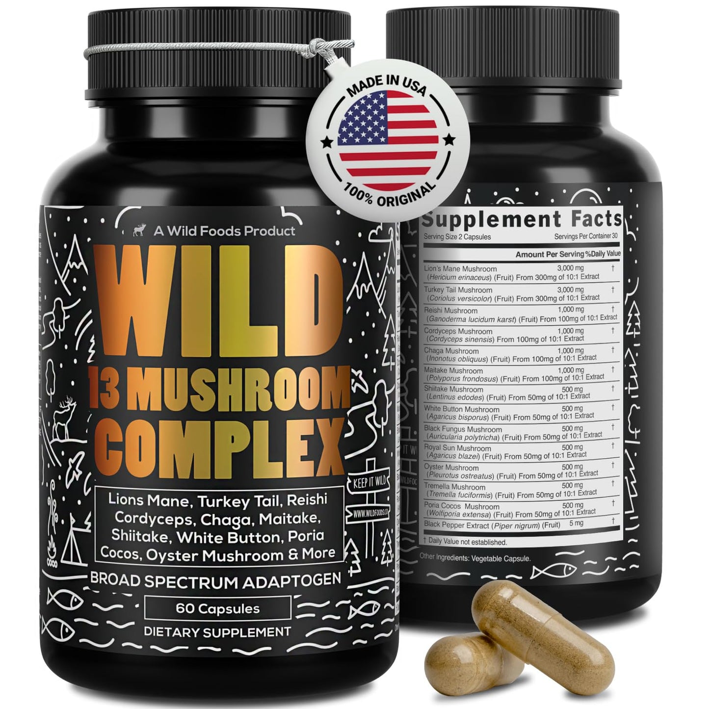 Wild Foods Premium Mushroom Complex - 13 Organic Mushrooms, 10:1 Extract, 60 Capsules