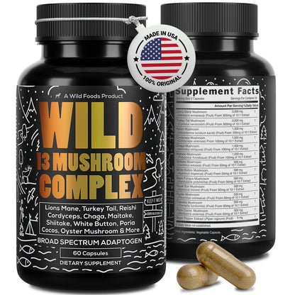 Wild Foods Premium Mushroom Complex - 13 Organic Mushrooms, 10:1 Extract, 60 Capsules