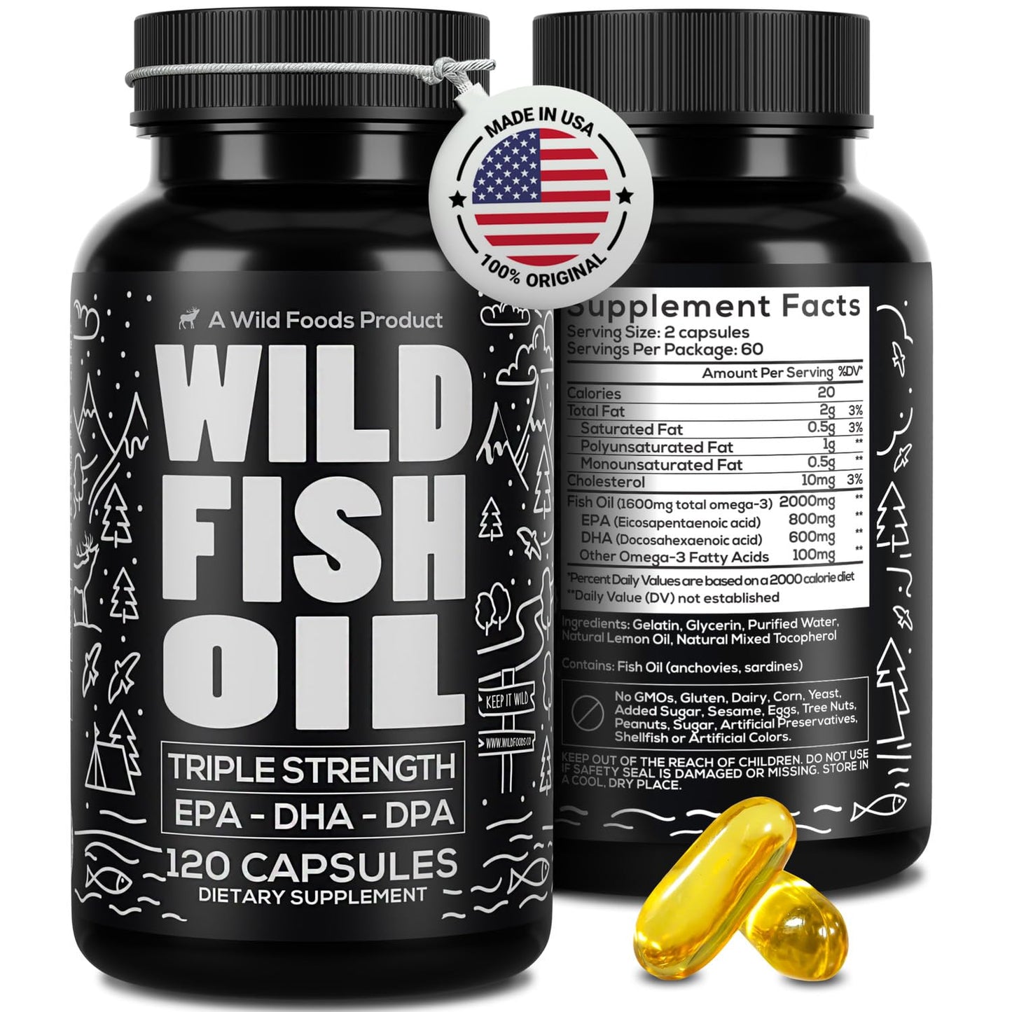 Wild Foods Omega-3 Fish Oil Supplement 120 Capsules (2 pk) – Burpless, Odorless, Non-GMO | DPA, DHA, EPA Triple Strength