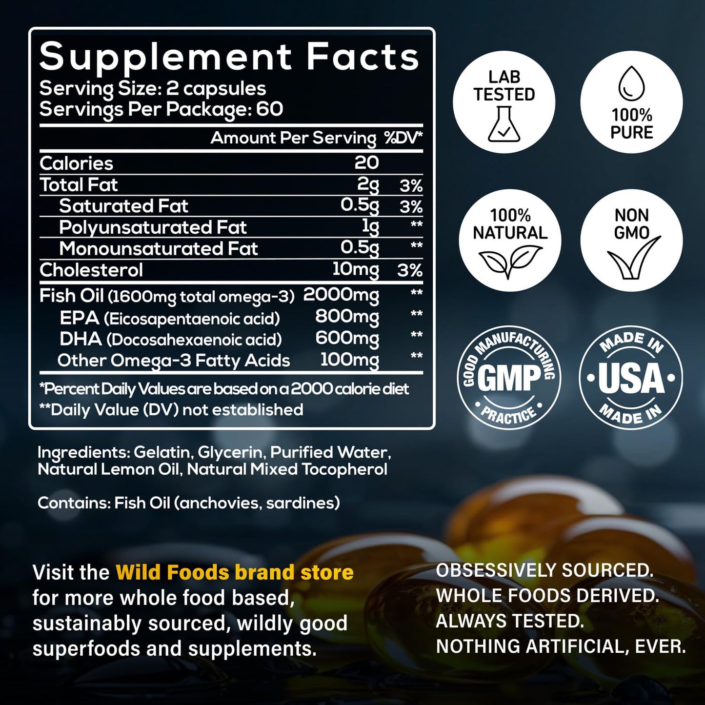 Wild Foods Omega-3 Fish Oil Supplement 120 Capsules (2 pk) – Burpless, Odorless, Non-GMO | DPA, DHA, EPA Triple Strength