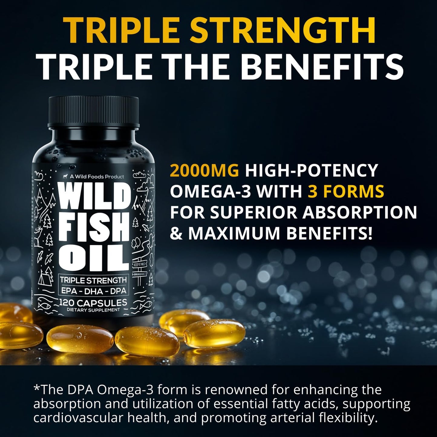 Wild Foods Omega-3 Fish Oil Supplement 120 Capsules (2 pk) – Burpless, Odorless, Non-GMO | DPA, DHA, EPA Triple Strength