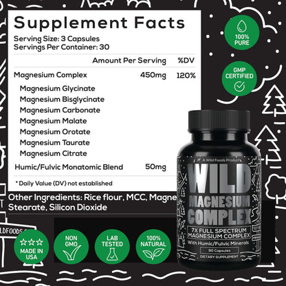 Wild Foods Wild Magnesium Complex – 7 Forms in One, 450 mg per Capsule, 90 Capsules (Pack of 2)