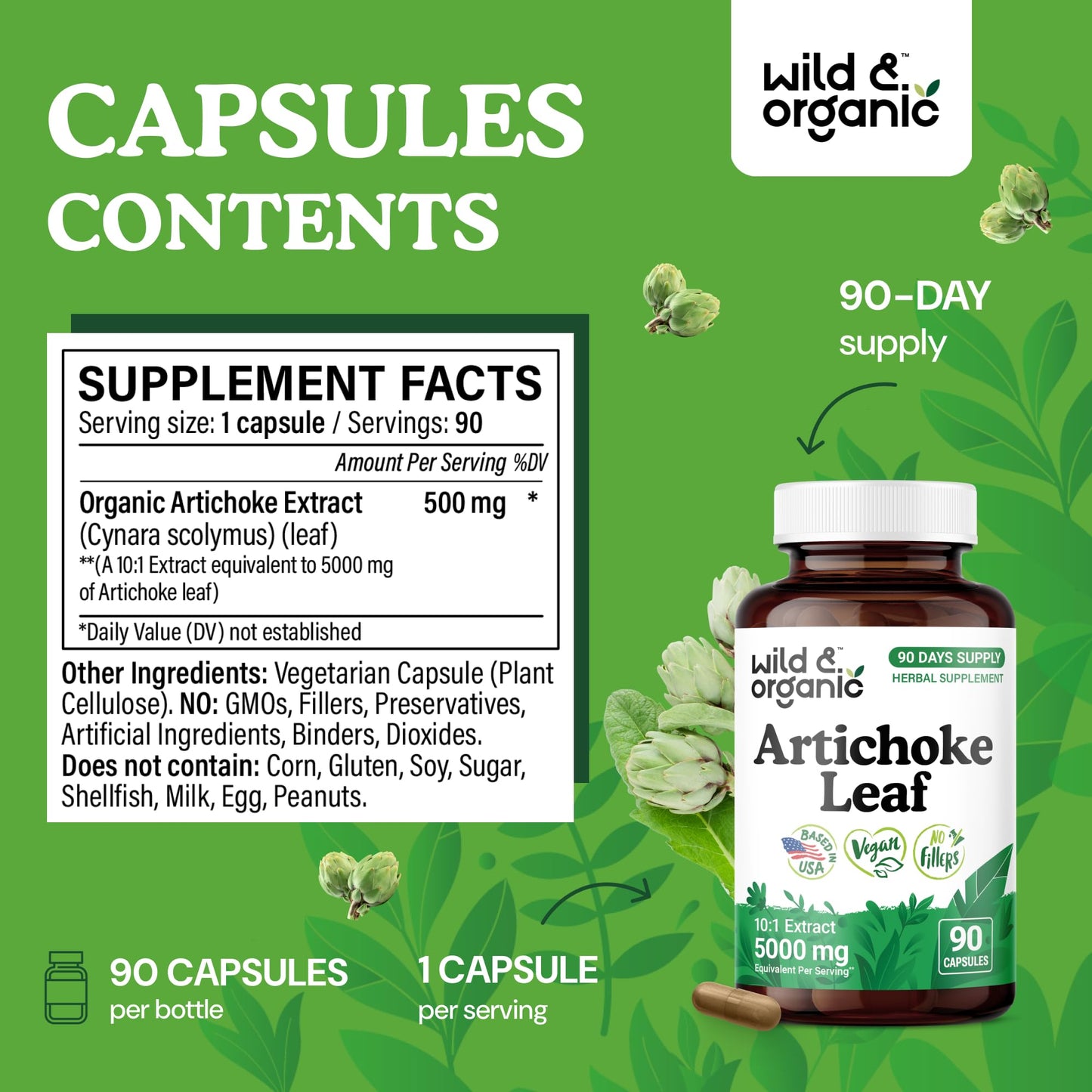 Wild & Organic Artichoke Extract 500 mg Capsules | Liver & Digestive Support | Vegan