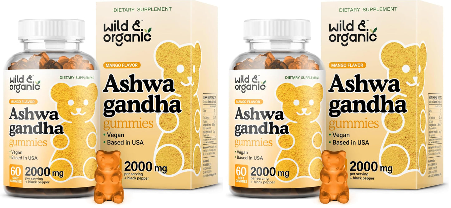 Wild & Organic Ashwagandha Gummies 2000mg – Mood Support Supplement (Pack of 2, 60 Vegan Chews)