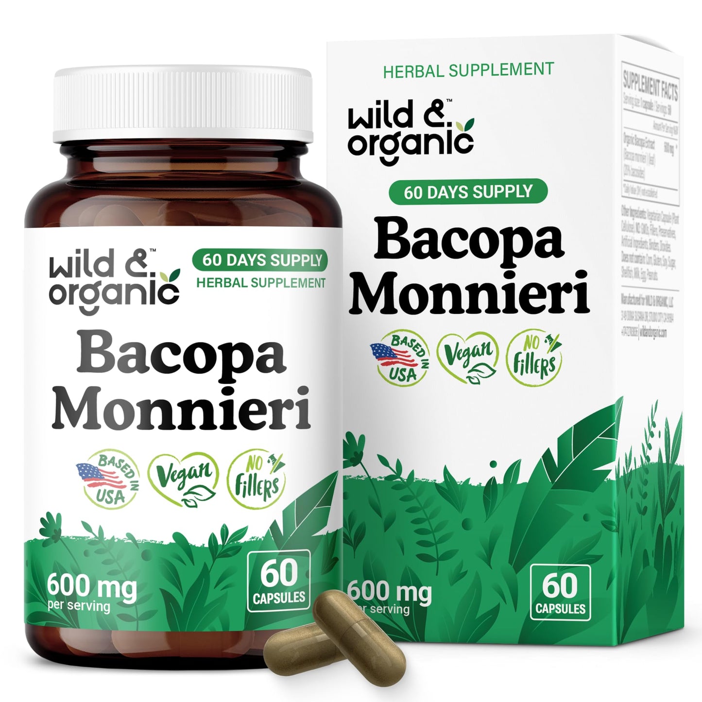Wild & Organic Bacopa Capsules 600 mg – Brain Support, Vegan, Non-GMO