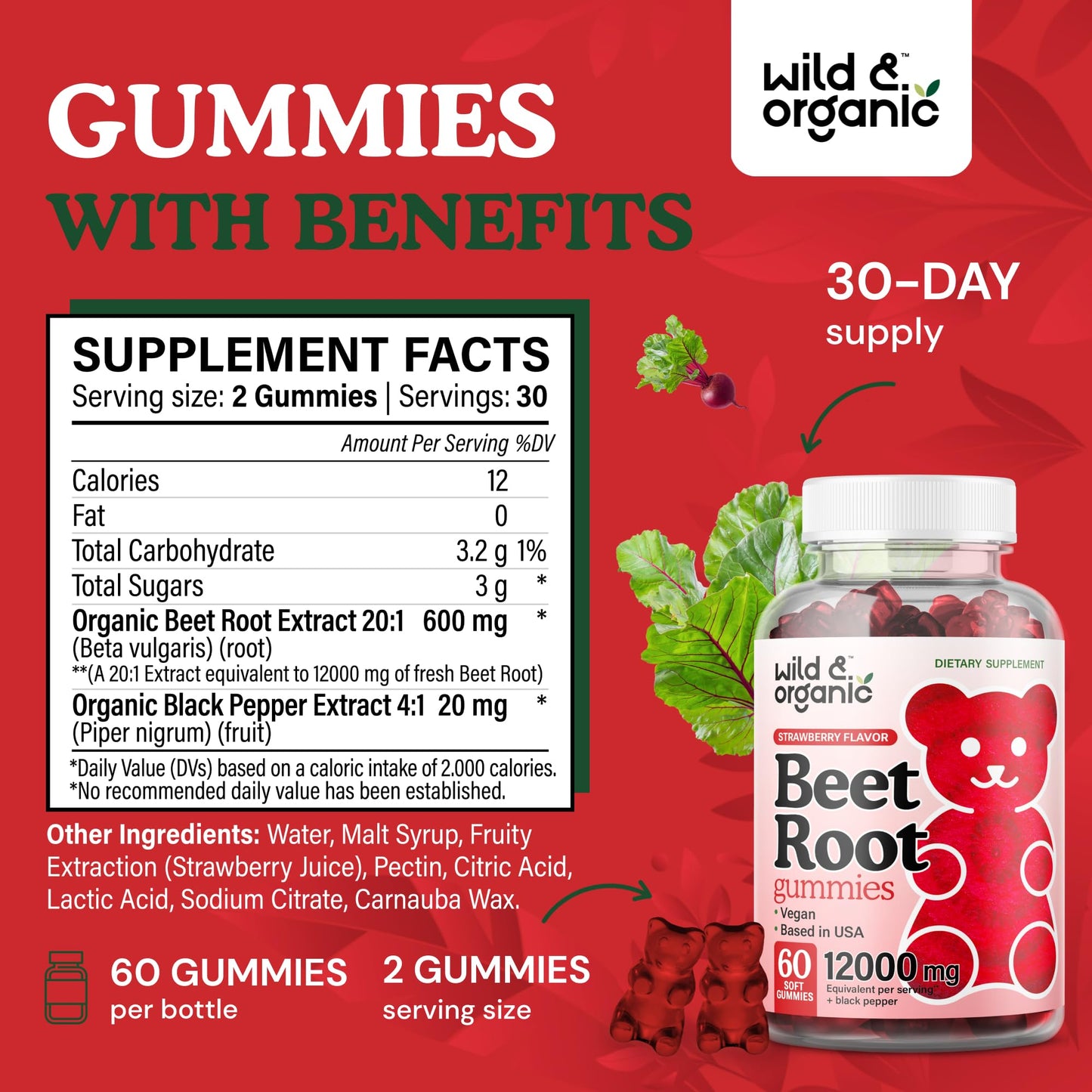 Wild & Organic Beet Root Gummies 12000 mg – 60-Count Pectin-Based Chews (Pack of 2)
