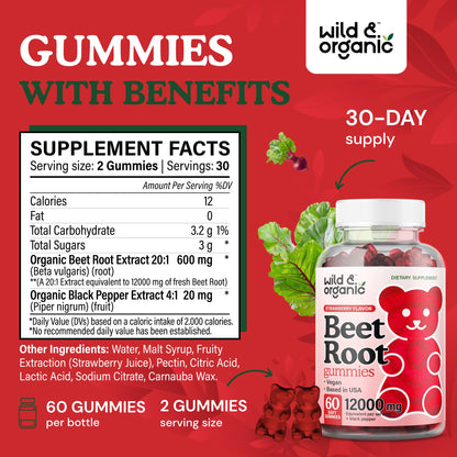 Wild & Organic Beet Root Gummies 12000 mg – 60-Count Pectin-Based Chews (Pack of 2)