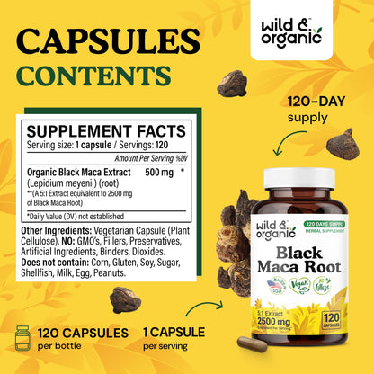 Wild & Organic Black Maca Root Capsules 500 mg – 120 Day Supply – Vegan & Non-GMO