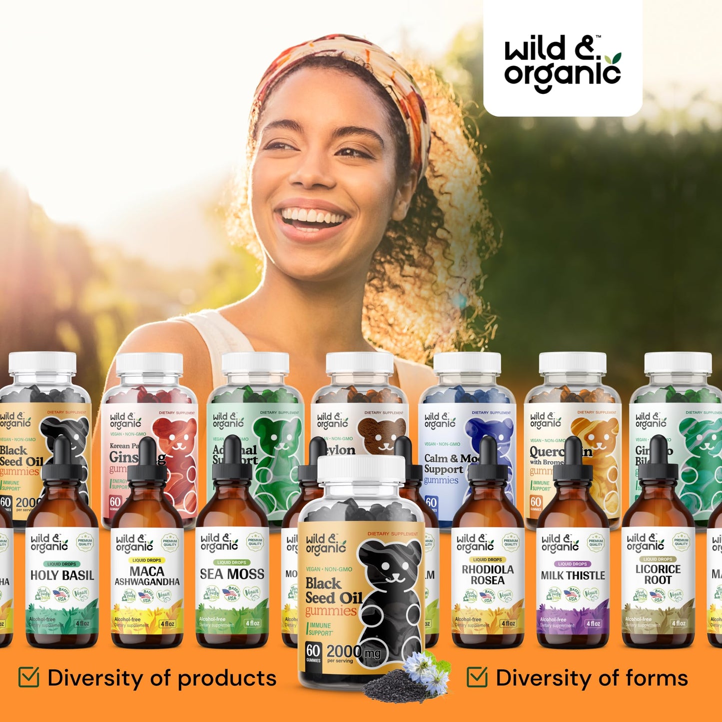 Wild & Organic Black Seed Oil Gummies 2000mg - Hair Skin & Nails Support | Vegan, Pectin-Based
