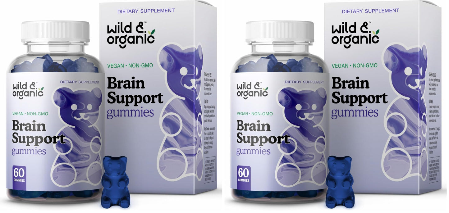Wild & Organic Brain Support Gummies – Focus & Clarity with Ashwagandha, B12, Ginkgo, Bacopa – Vegan Gummies (Pack of 2) | 60 Gummies