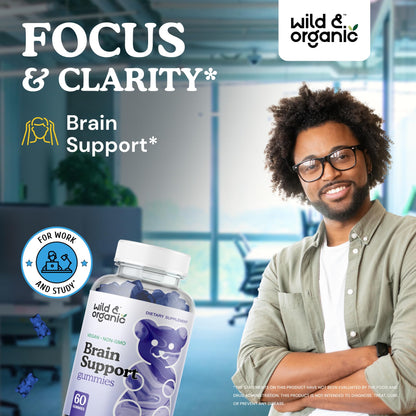 Wild & Organic Brain Support Gummies – Focus & Clarity with Ashwagandha, B12, Ginkgo, Bacopa – Vegan Gummies (Pack of 2) | 60 Gummies