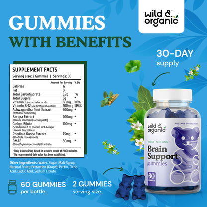 Wild & Organic Brain Support Gummies – Focus & Clarity with Ashwagandha, B12, Ginkgo, Bacopa – Vegan Gummies (Pack of 2) | 60 Gummies