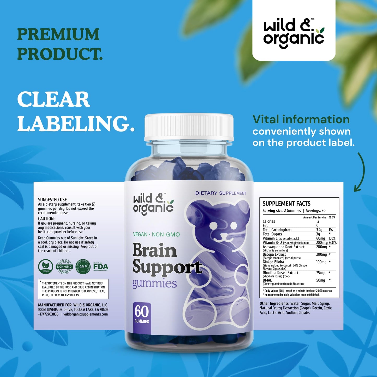 Wild & Organic Brain Support Gummies – Focus & Clarity with Ashwagandha, B12, Ginkgo, Bacopa – Vegan Gummies (Pack of 2) | 60 Gummies