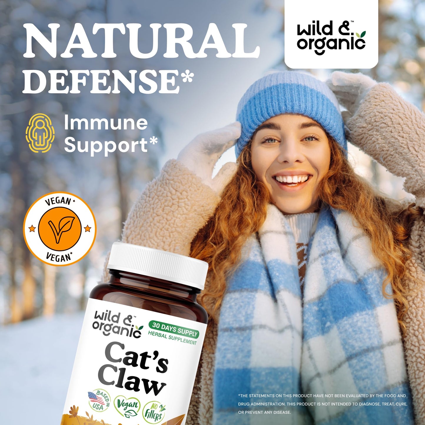 Wild & Organic Cat's Claw 1000 mg - Immune Support | Vegan, Non-GMO | 60 Count