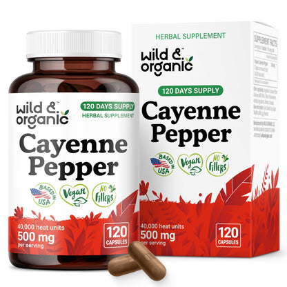 Wild & Organic Cayenne Pepper Capsules 500 mg - Digestive Support - Vegan, Non-GMO