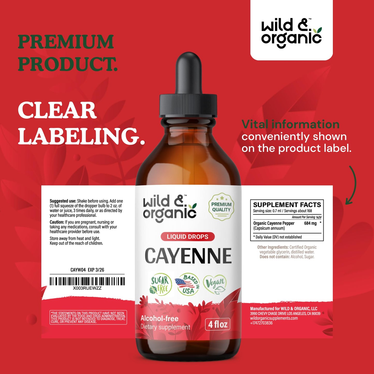 Wild & Organic Cayenne Pepper Tincture - Digestive Support, 4 oz x 2 - Vegan, Alcohol-Free