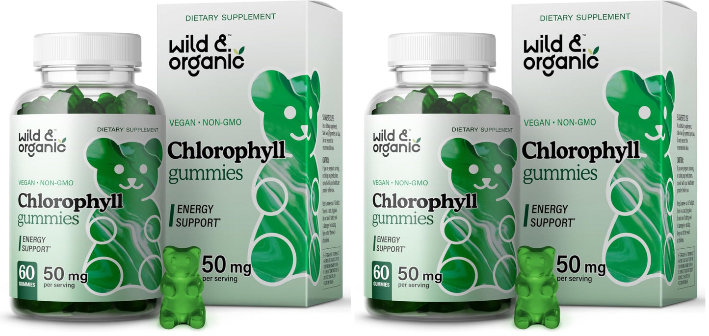 Wild & Organic Chlorophyll Gummies 50mg - Detox Cleanse, Vegan & Non-GMO, 60 Chews (Pack of 2)