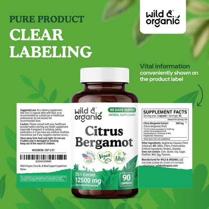 Wild & Organic Citrus Bergamot Capsules 500 mg – Antioxidant & Overall Support | Vegan, Non-GMO | 90 Count