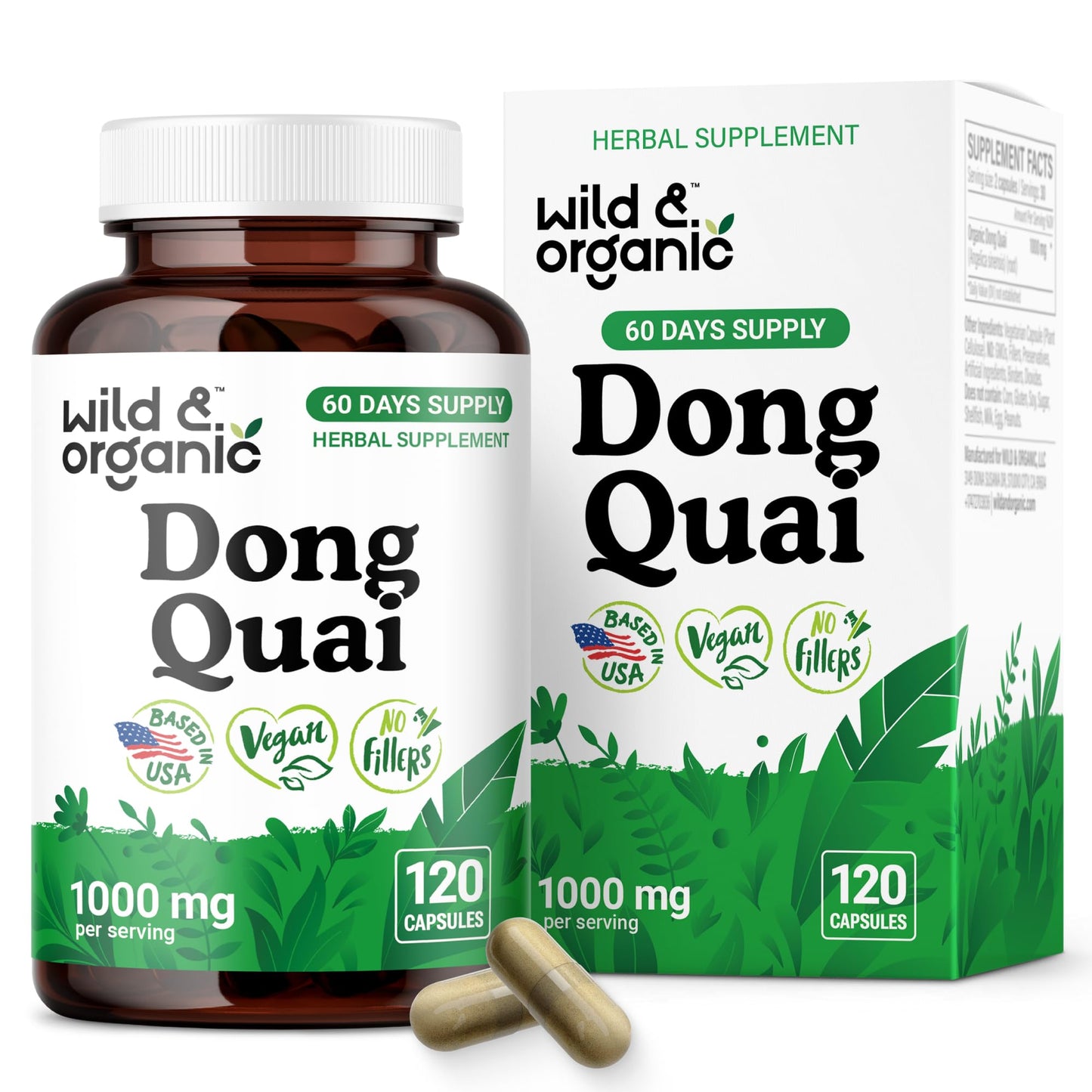 Wild & Organic Dong Quai Capsules for Women - 1000 mg per Serving - Pure Dong Quai Supplement - Angelica Root Herb - 60-Day Supply - Non-GMO, Vegan, Gluten-Free - 120 Count