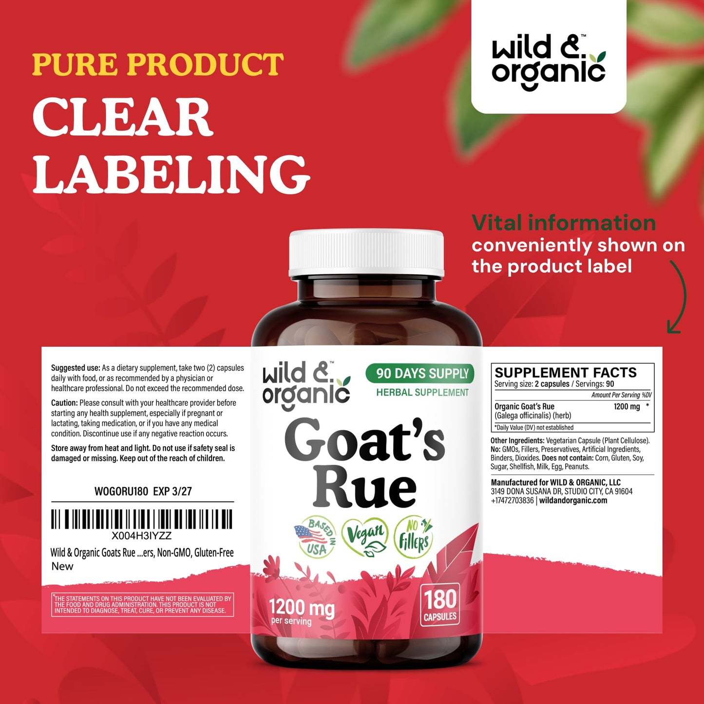 Wild & Organic Goat's Rue Capsules 1200 mg – Lactation Support, Vegan, 90-Day Supply