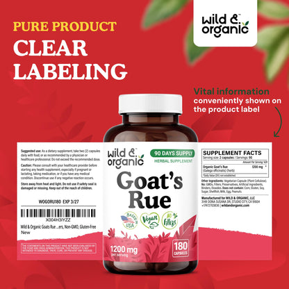 Wild & Organic Goat's Rue Capsules 1200 mg – Lactation Support, Vegan, 90-Day Supply