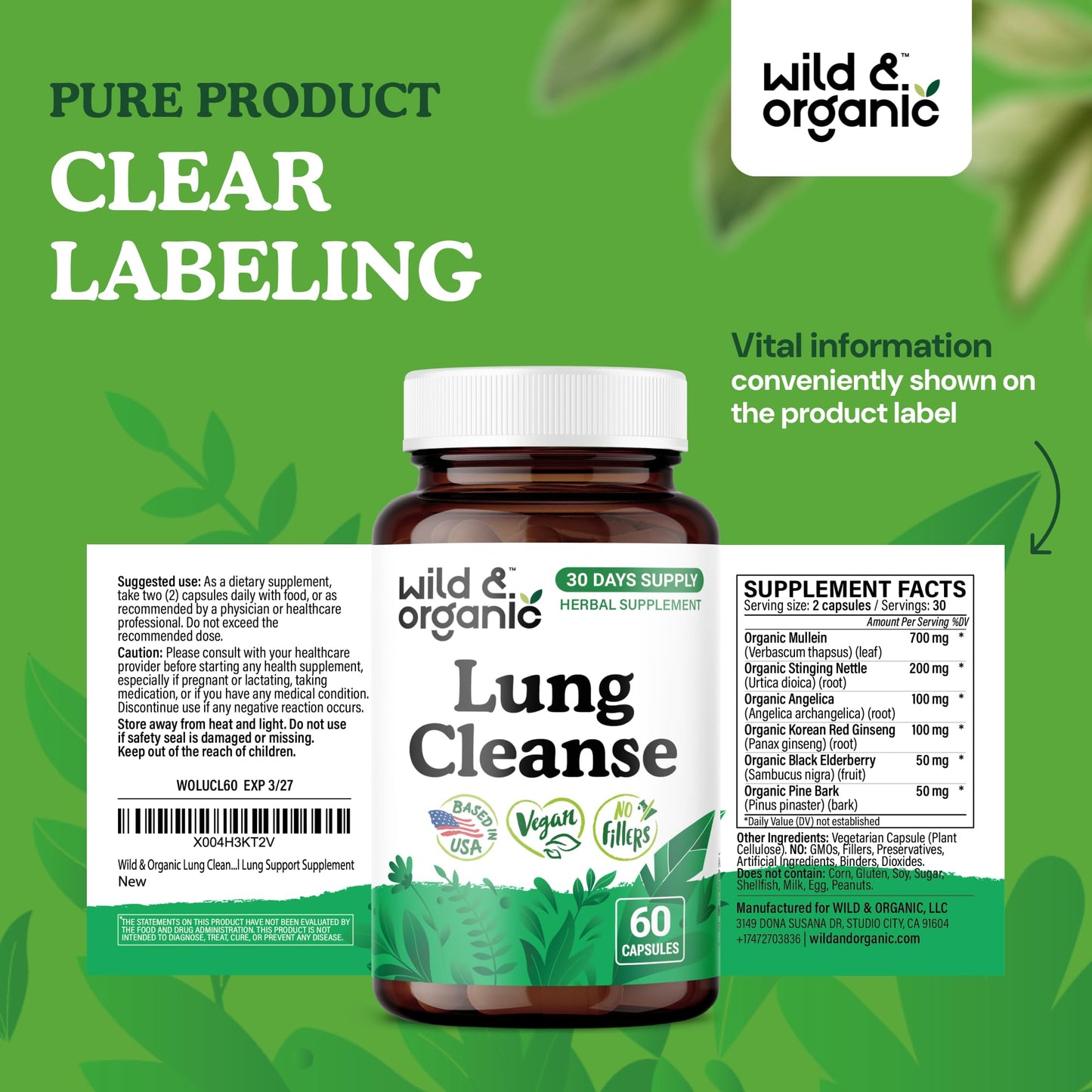 Wild & Organic Lung Cleanse Capsules – Vegan Lung Support with Mullein Leaf, Stinging Nettle, Angelica & Korean Panax Ginseng Powder – 60 Count