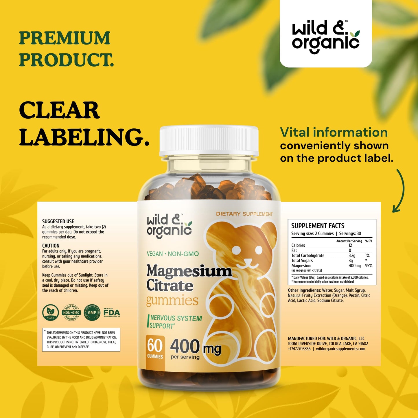 Wild & Organic Magnesium Citrate Gummies 400 mg | Mood & Calm Support (Pack of 2)