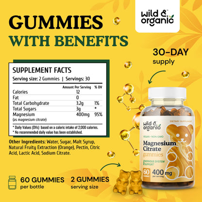 Wild & Organic Magnesium Citrate Gummies 400 mg | Mood & Calm Support (Pack of 2)