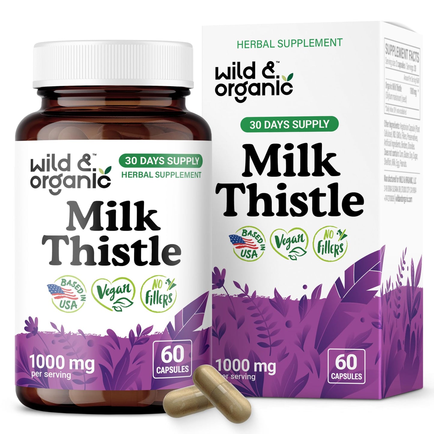 Wild & Organic Milk Thistle 1000mg Capsules - Liver Support, 60 Vegan Capsules