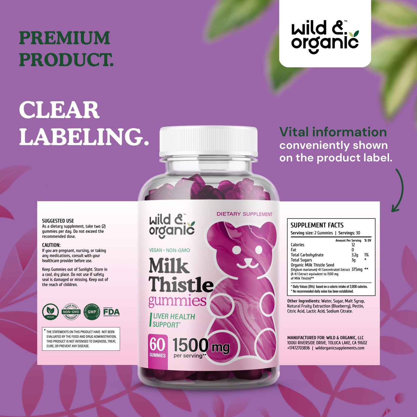 Wild & Organic Milk Thistle Gummies – Liver Detox 1500mg | 60 Vegan Chews (Pack of 2)