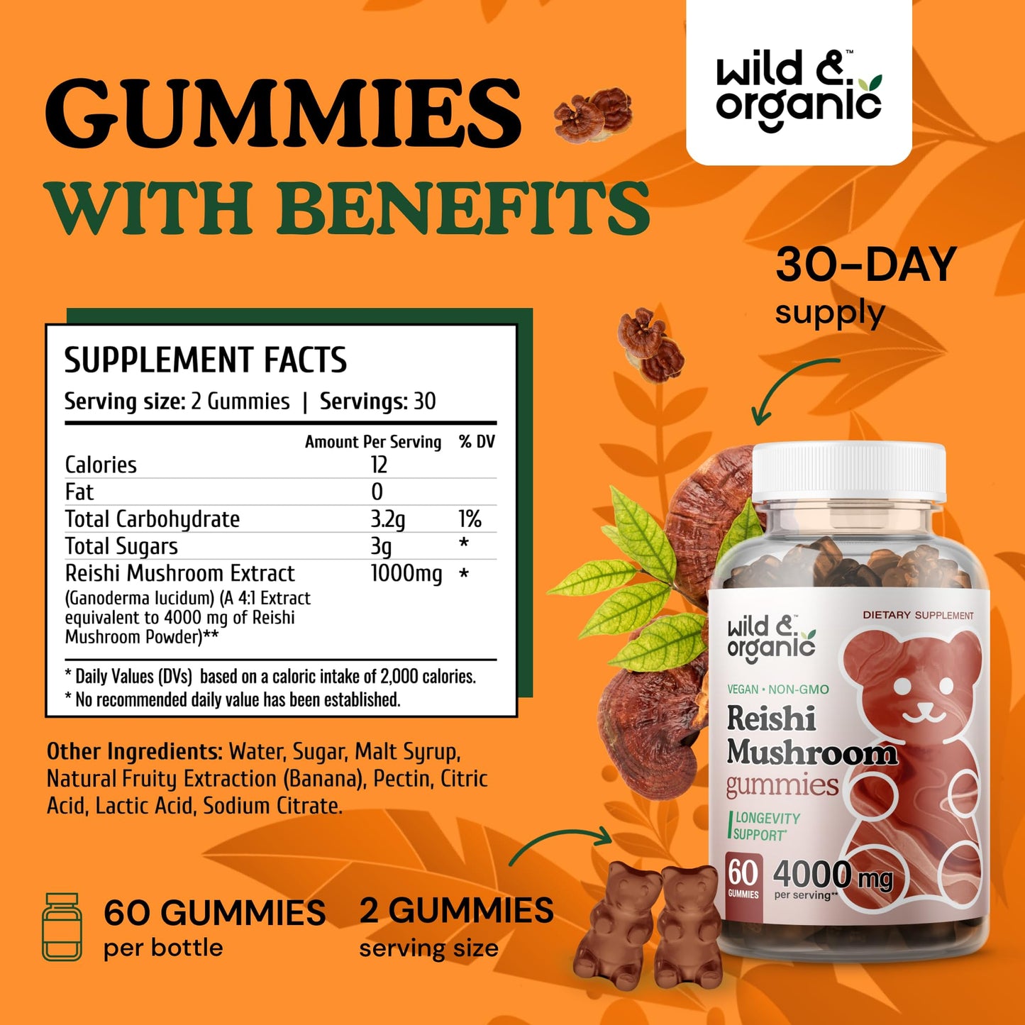 Wild & Organic Reishi Gummies 1000 mg | Ganoderma Lucidum Extract | Immune Support - 60 Vegan Chews